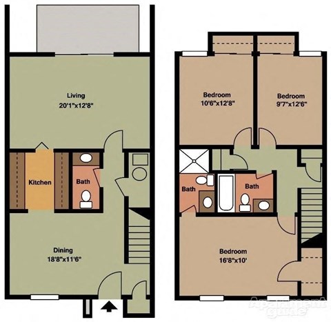 Three Bedroom Townhome Floor Plan at Crescent Place Apartment, Savannah